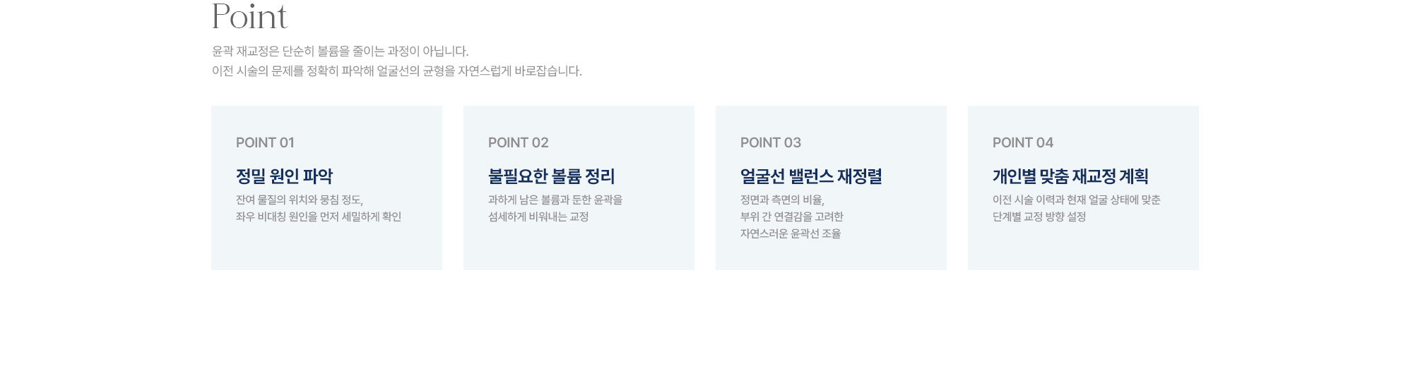 [Point] POINT01 정밀 원인 파악 · POINT02 불필요한 볼륨 정리 · POINT03 얼굴선 밸런스 재정렬 · POINT04 개인별 맞춤 재교정 계획