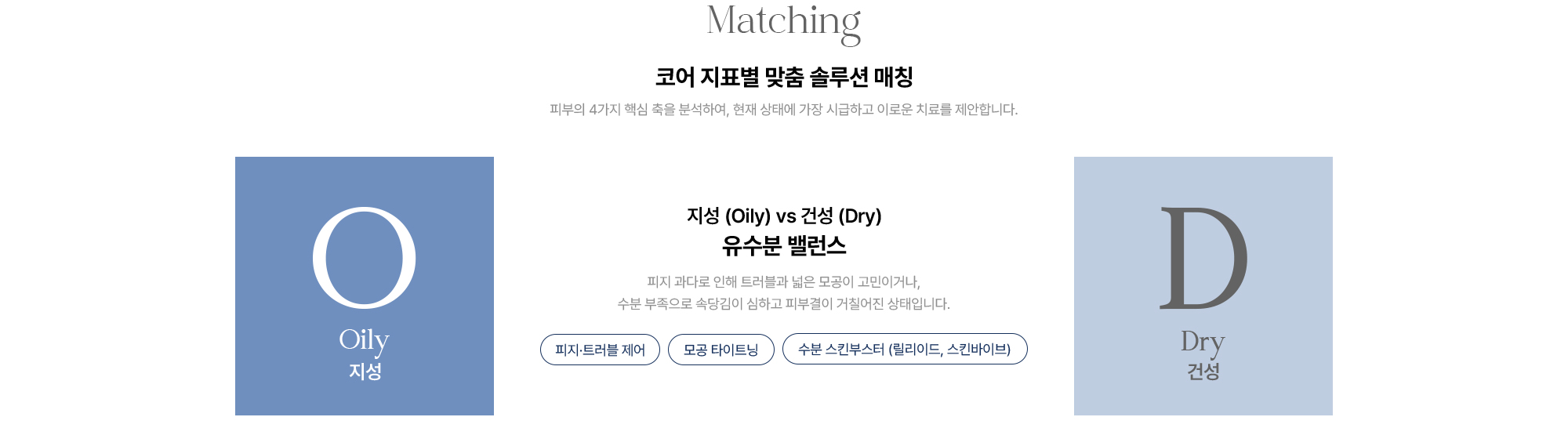 [코어 지표별 맞춤 솔루션 매칭] 유수분 밸런스 · 지성 vs 건성 · 피지·트러블 제어 · 모공 타이트닝 · 수분 스킨부스터