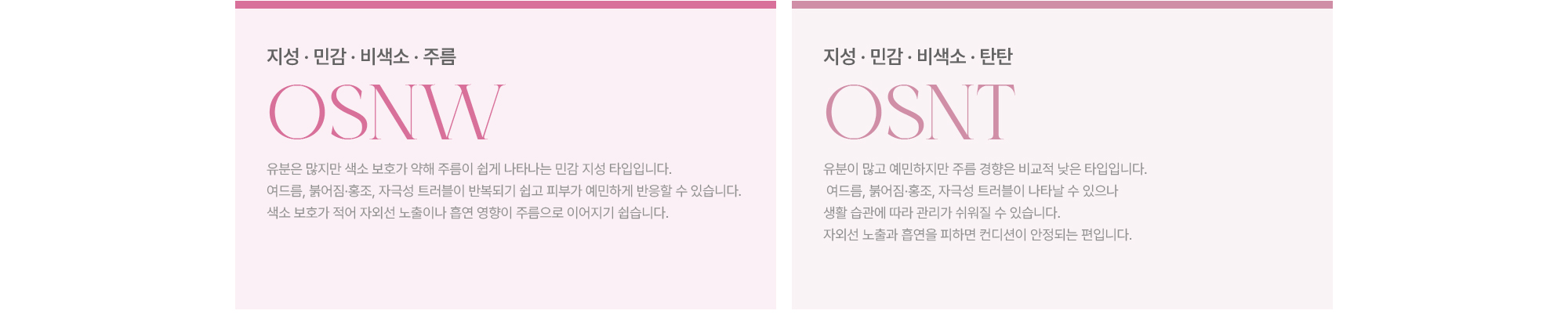 [OSNW] 지성·민감·비색소·주름 / [OSNT] 지성·민감·비색소·탄탄 · 유분은 많지만 색소 보호가 약해 주름이 쉽게 나타나는 민감 지성 타입