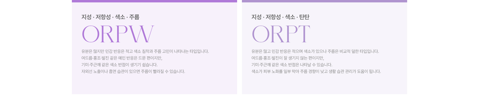 [ORPW] 지성·저항성·색소·주름 / [ORPT] 지성·저항성·색소·탄탄 · 유분은 많지만 민감 반응은 적고 색소 침착과 주름 고민이 나타나는 타입