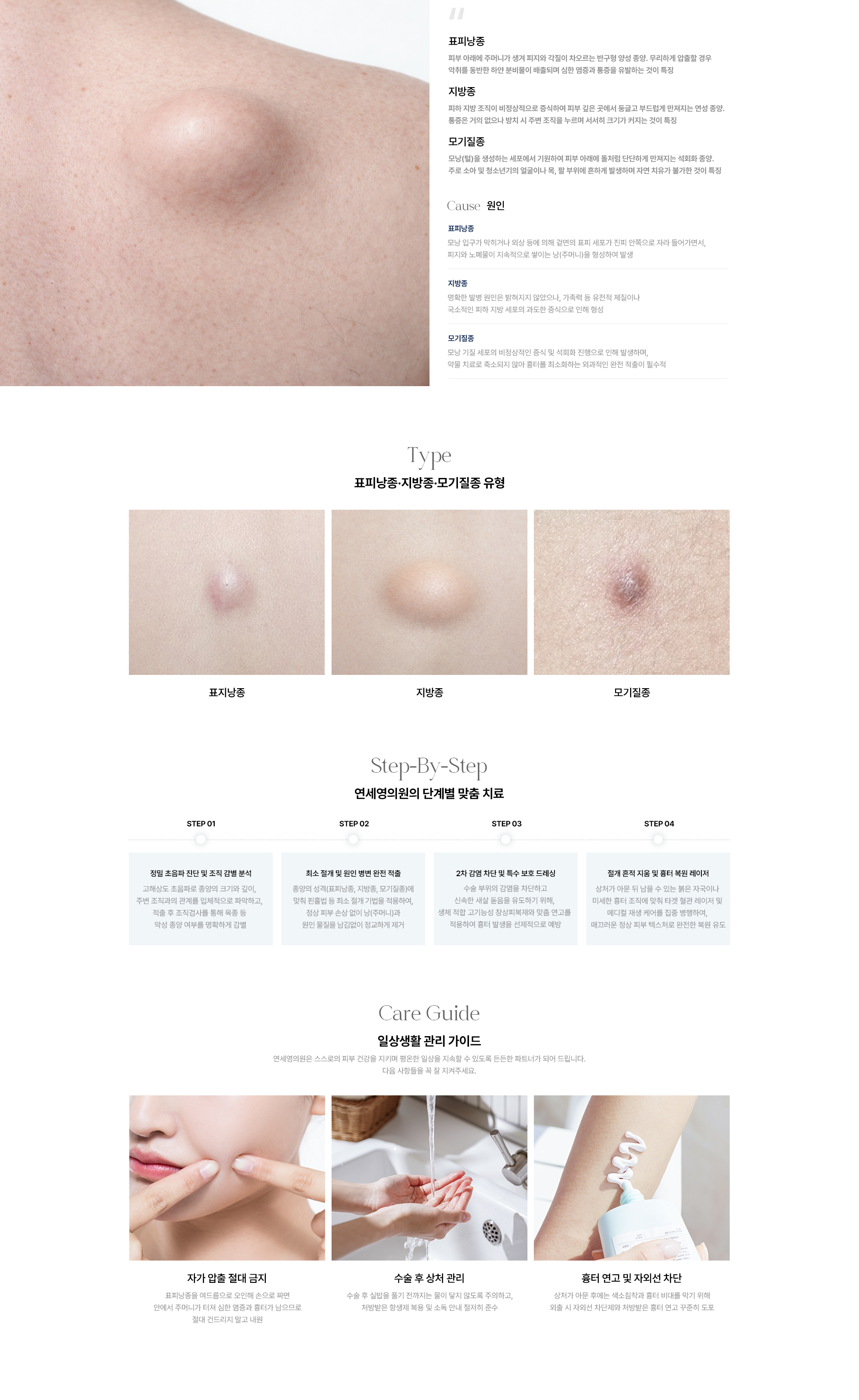 [표피낭종] 피지·각질 차오르는 반구형 양성 종양 / [지방종] 피하 지방 조직 비정상적 증식 연성 종양 / [모기질종] 모낭 기원 석회화 종양 · 원인 : 모낭 입구 막힘·외상 · 유전적 체질·피하 지방 세포 증식 · 모낭 기질 세포 비정상적 증식·석회화