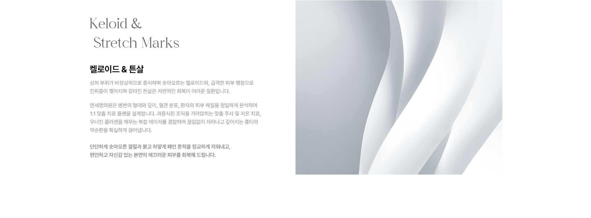 [Keloid & Stretch Marks 켈로이드 & 튼살] 병변 형태·깊이·혈관 분포·피부 체질 정밀 분석 · 맞춤 주사·저온 치료·복합 레이저 병행 · 솟아오른 결절·붉고 패인 흔적 정교하게 지움