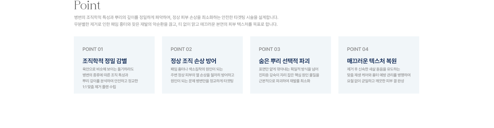 [Point] 조직학적 정밀 감별 · 정상 조직 손상 방어 · 숨은 뿌리 선택적 파괴 · 매끄러운 텍스처 복원