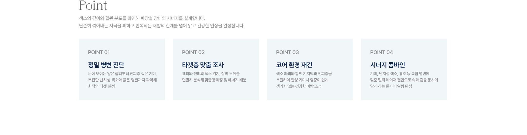 [Point] 정밀 병변 진단 · 타겟층 맞춤 조사 · 코어 환경 재건 · 시너지 콤바인