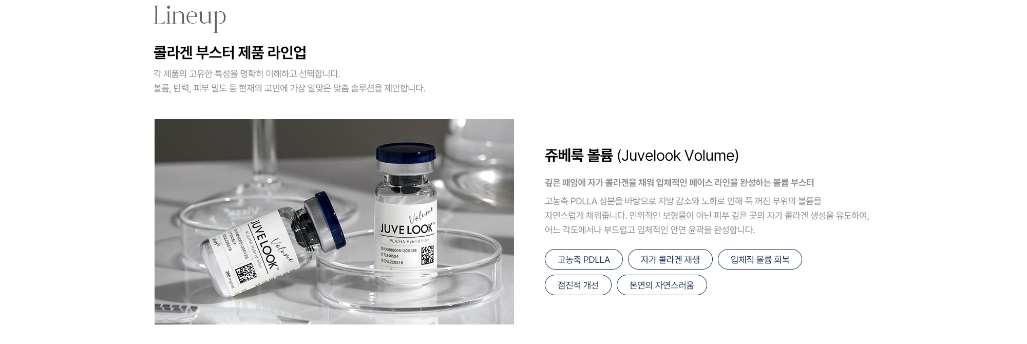 [쥬베룩 볼륨 Juvelook Volume] 고농축 PDLLA · 자가 콜라겐 재생 · 입체적 볼륨 회복 · 점진적 개선 · 본연의 자연스러움
