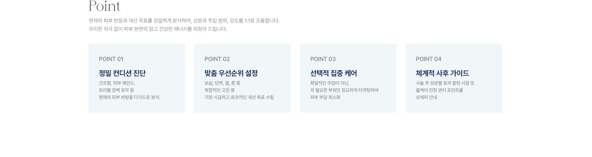 [Point] 정밀 컨디션 진단 · 맞춤 우선순위 설정 · 선택적 집중 케어 · 체계적 사후 가이드