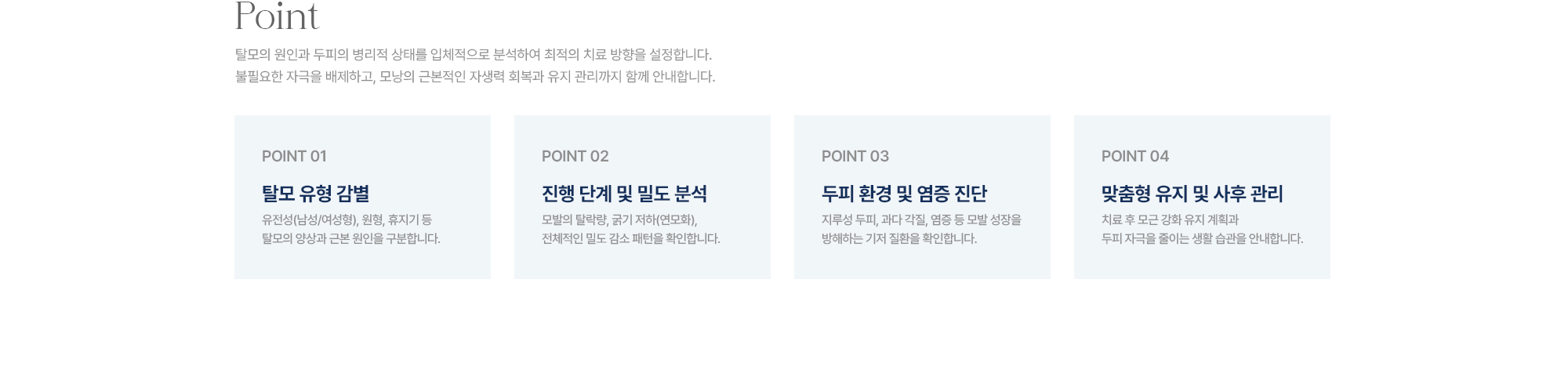 [Point] 탈모 유형 감별 · 진행 단계 및 밀도 분석 · 두피 환경 및 염증 진단 · 맞춤형 유지 및 사후 관리